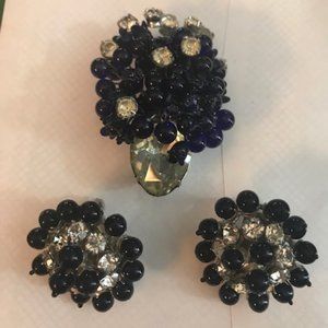 Eisenberg Vintage Brooch Pin and Earrings Navy Blu